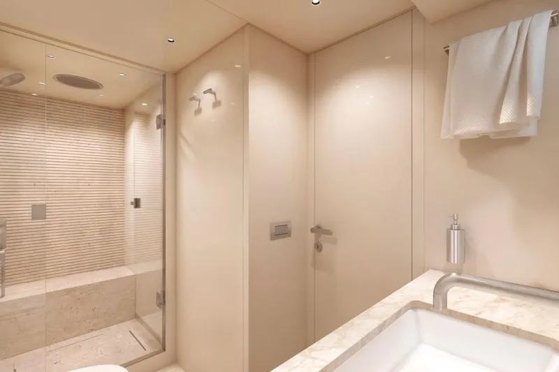 Slide: The Image of Luxurious bathroom in 2026 Sanlorenzo SX76 yacht with modern shower and elegant fixtures. - 18