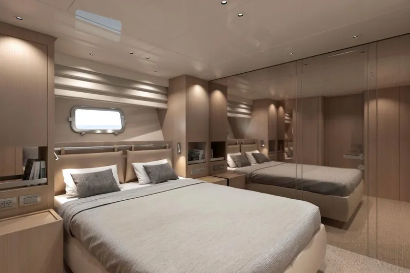Slide: The Image of Luxurious 2026 Sanlorenzo SX76 yacht bedroom with modern design and elegant furnishings. - 19