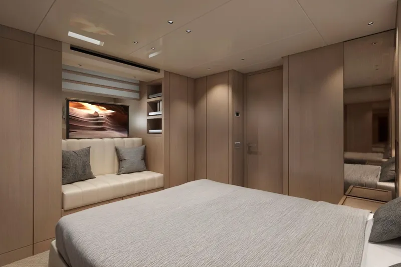 Slide: The Image of Luxurious interior of 2026 Sanlorenzo SX76 yacht bedroom with modern design and cozy seating. - 21