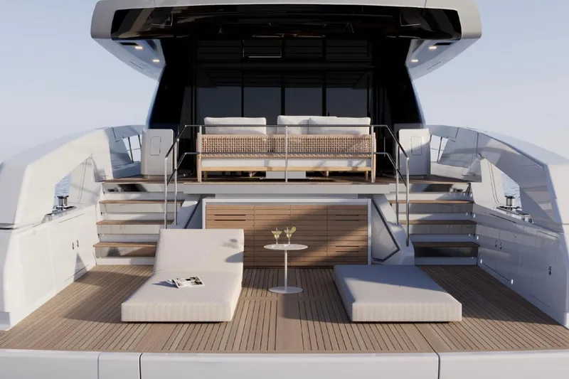 Slide: The Image of Luxurious 2026 Sanlorenzo SX76 yacht deck with modern seating and elegant design. - 3