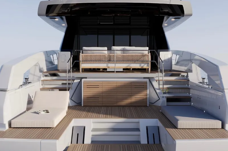Slide: The Image of Luxurious 2026 Sanlorenzo SX76 yacht deck with modern seating and elegant design. - 4