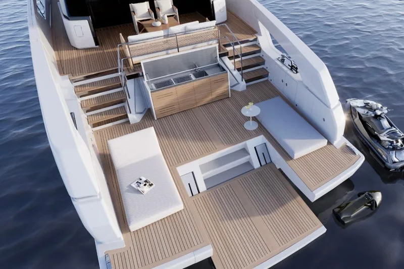 Slide: The Image of Luxurious 2026 Sanlorenzo SX76 yacht deck with modern seating and watercraft nearby. - 5