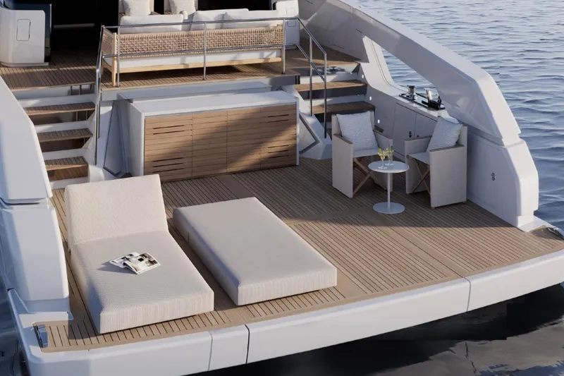 Slide: The Image of Luxurious 2026 Sanlorenzo SX76 yacht deck with elegant seating and sun loungers. - 8