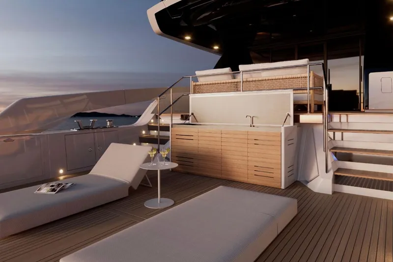 Slide: The Image of Luxurious 2026 Sanlorenzo SX76 yacht deck with modern lounge and sunset view. - 9