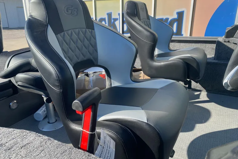 Slide: The Image of 2026 G3 Angler V18 FS boat seats with black and gray upholstery, showcasing modern design. - 10