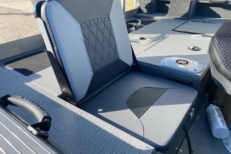 Slide: The Image of 2026 G3 Angler V18 FS boat interior with cushioned seating and storage compartments. - 9
