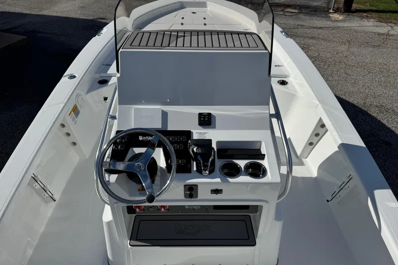 Slide: The Image of 2026 BlackJack 256 Bay boat console with steering wheel and controls. - 14