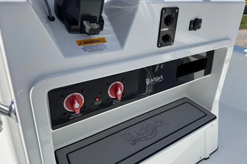 Slide: The Image of Control panel of 2026 BlackJack 256 Bay boat with battery switches and warning label. - 16