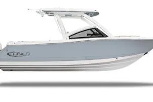 The Image of 2026 Robalo R277 Dual Console boat, blue and white design, side view. - 0