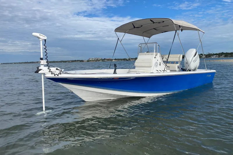 Slide: The Image of 2004 Palmetto 22 Excursion boat on calm water with blue hull and canopy. - 3