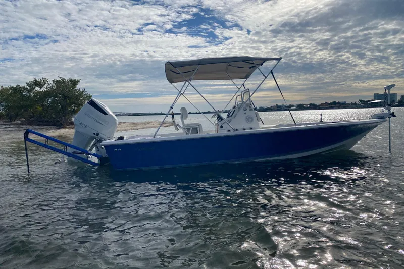 Slide: The Image of 2004 Palmetto 22 Excursion boat anchored in shallow water under a cloudy sky. - 6