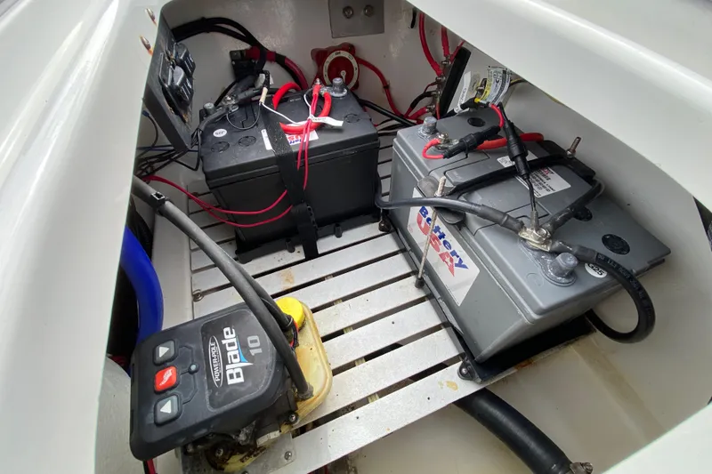Slide: The Image of Battery compartment of 2004 Palmetto 22 Excursion boat with wiring and components. - 70