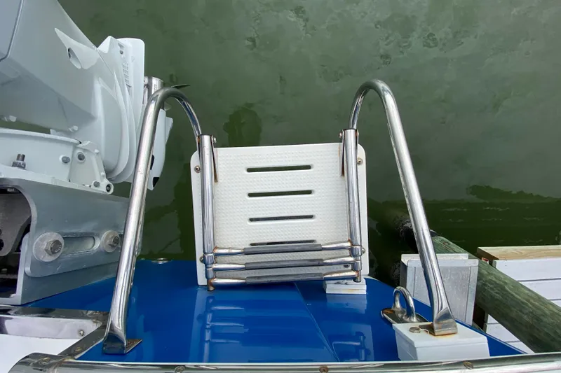 Slide: The Image of Stainless steel boat ladder on 2004 Palmetto 22 Excursion, docked on calm water. - 74