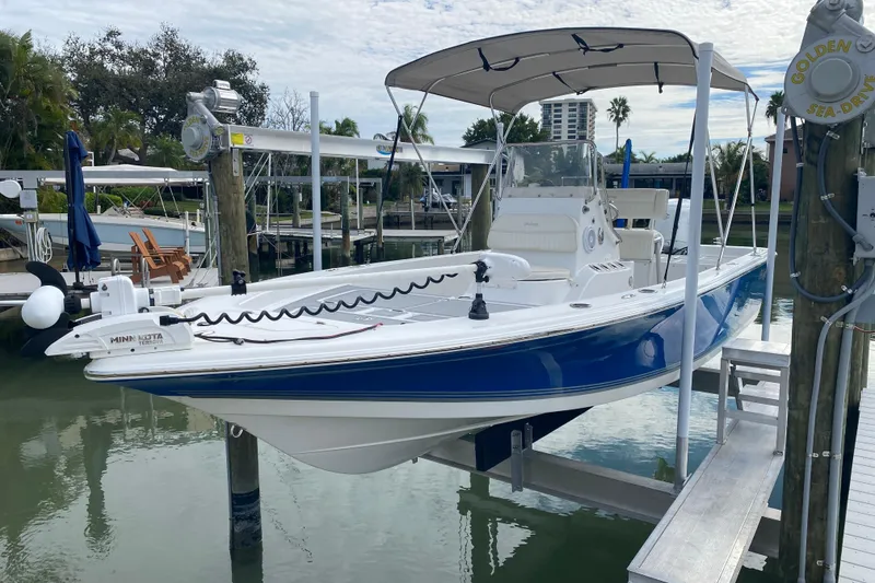 Slide: The Image of 2004 Palmetto 22 Excursion boat docked, featuring blue and white design with canopy. - 8