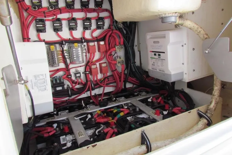 Slide: The Image of Electrical system of a 2016 Everglades 435 Center Console boat, featuring batteries and wiring. - 38