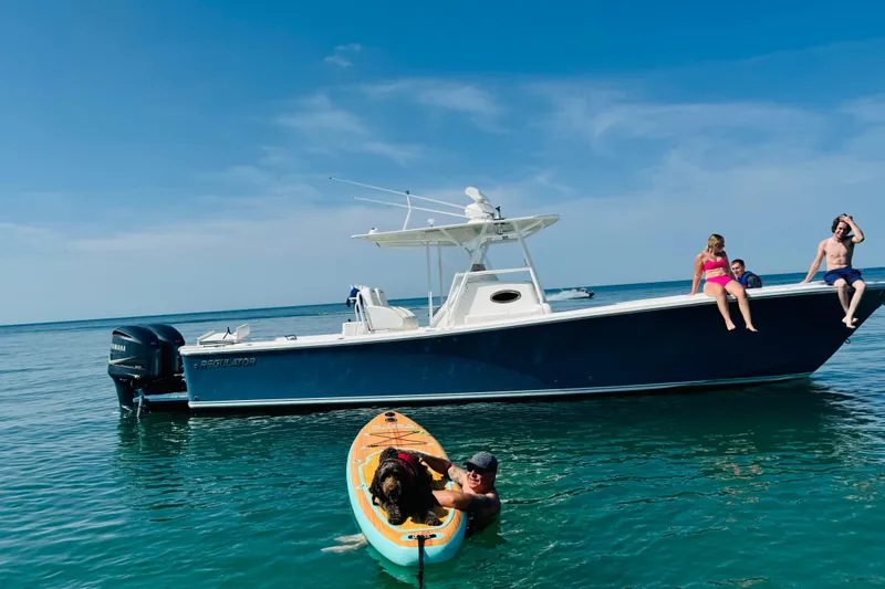The Image of 2010 Regulator 34SS boat with people relaxing, paddleboarder, and dog on calm sea. - 0