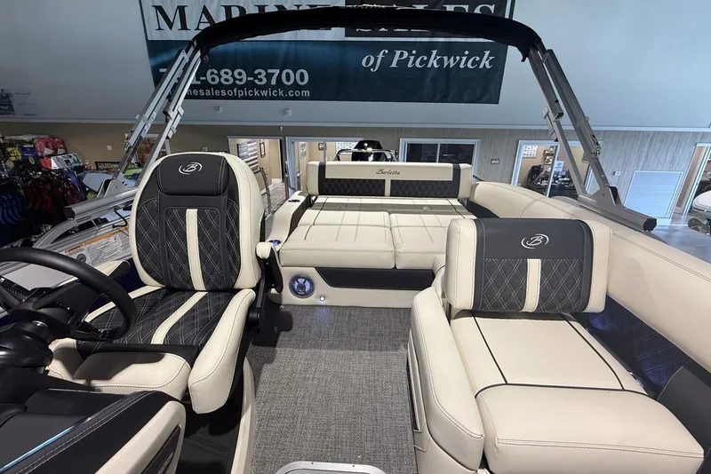 Slide: The Image of 2026 Barletta Lusso 23U pontoon boat interior with luxurious seating and modern design. - 10
