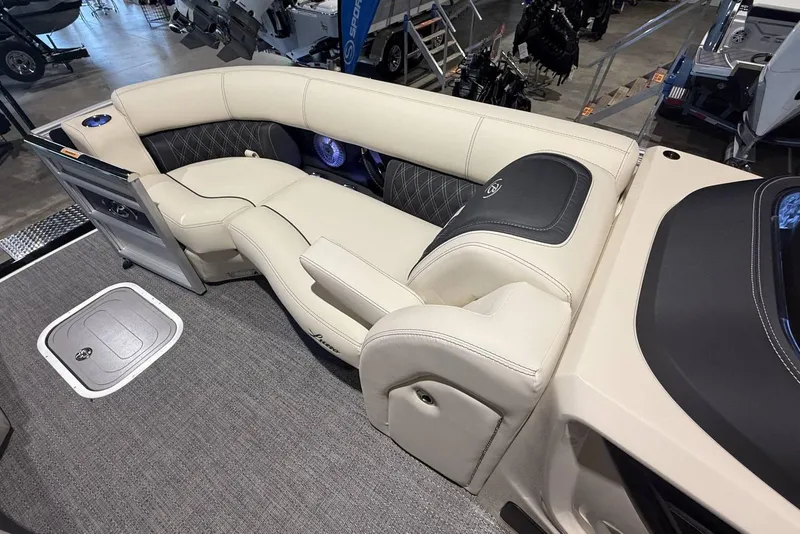 Slide: The Image of Luxurious seating on 2026 Barletta Lusso 23U pontoon boat, featuring elegant upholstery and design. - 8