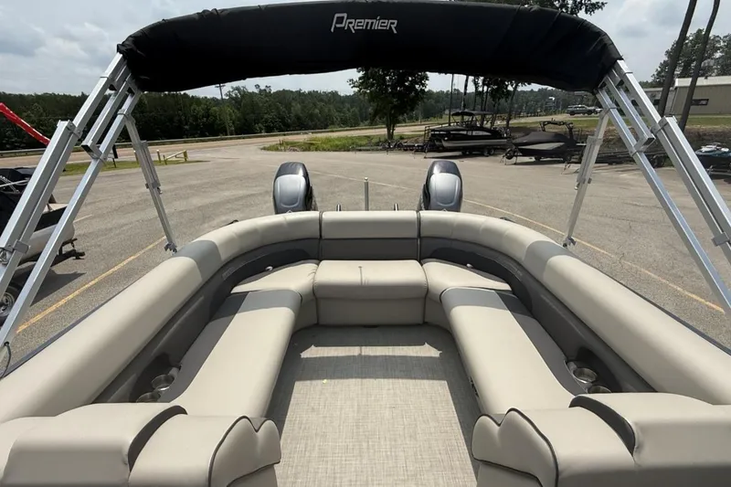 Slide: The Image of 2021 Premier 270 S-Series RF pontoon boat with spacious seating and canopy. - 16