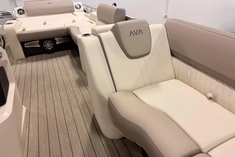 Slide: The Image of 2025 Avalon LSZ Versatile Rear Lounge boat interior with luxurious seating and modern design. - 11