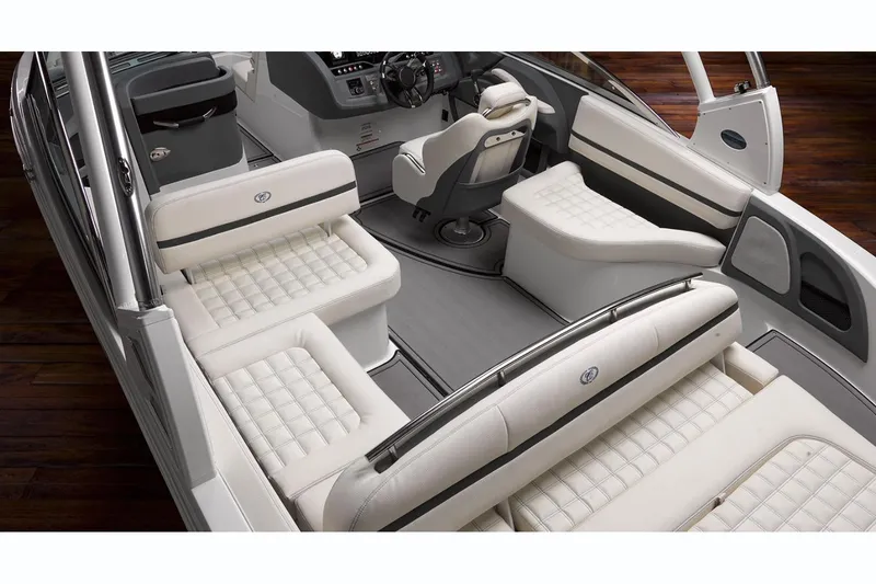 Slide: The Image of Manufacturer Provided Image: 2018 Cobalt R5 Surf boat interior with luxurious white seating. - 10