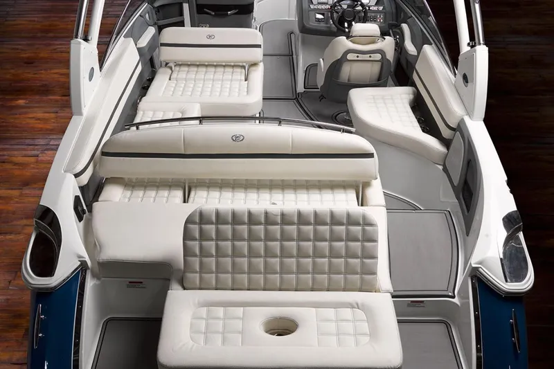 Slide: The Image of Manufacturer Provided Image: 2018 Cobalt R5 Surf boat interior with luxurious white seating. - 11