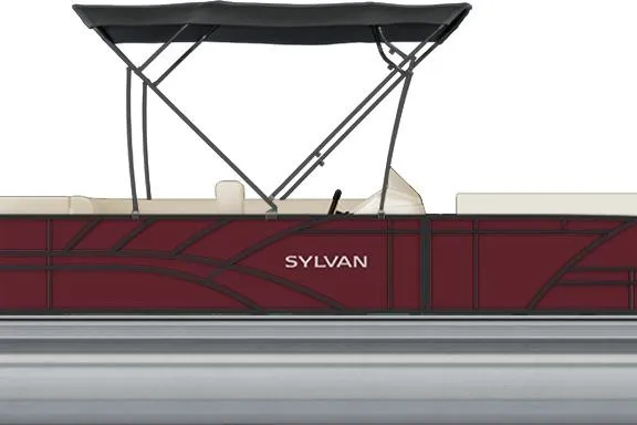Slide: The Image of 2024 Sylvan Mirage X X3 pontoon boat with canopy, side view, maroon color. - 20