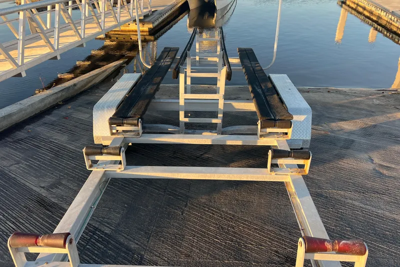 Slide: The Image of Boat trailer for 1997 Sea Cat SL5 Cat at dockside, ready for loading. - 28