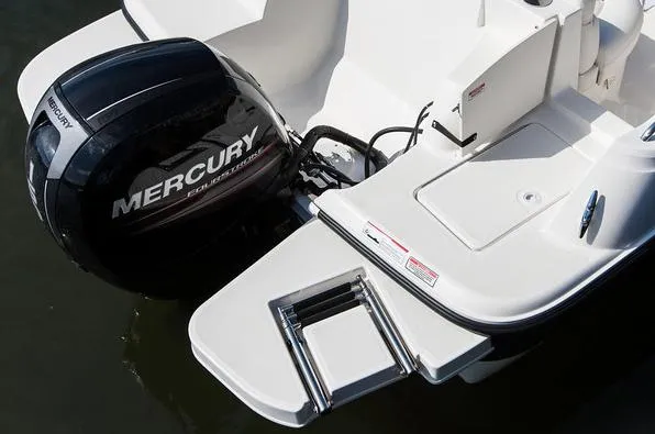 Slide: The Image of 2015 Bayliner 210 Deck Boat with Mercury outboard engine on water. - 7