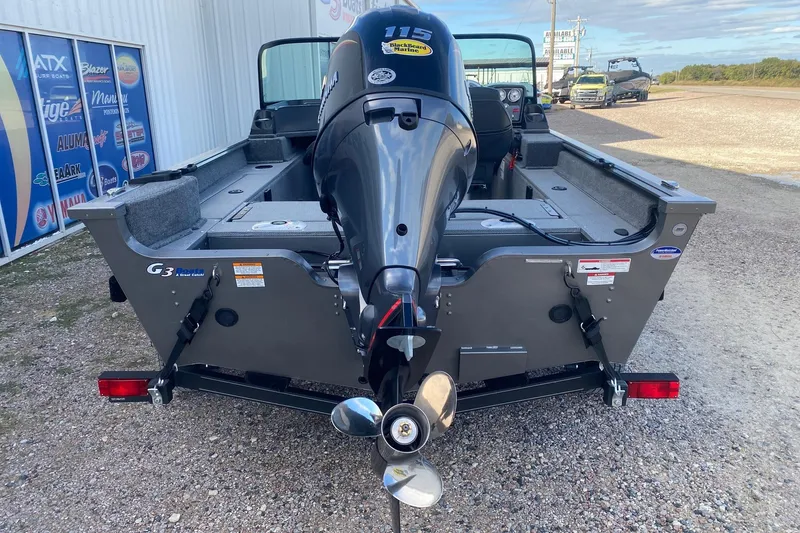 Slide: The Image of 2026 G3 Angler V178 F boat with Yamaha 115 engine, parked outdoors. - 5