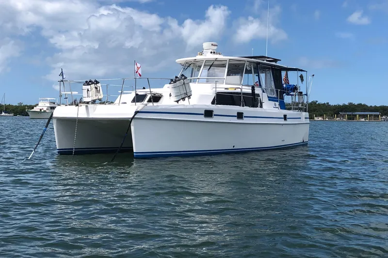 The Image of 2002 Endeavour Trawlercat 36 anchored on calm water under a blue sky. - 0