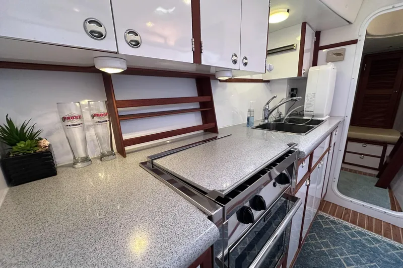 Slide: The Image of Modern kitchen in 2002 Endeavour Trawlercat 36, featuring sleek countertops and stainless steel appliances. - 48