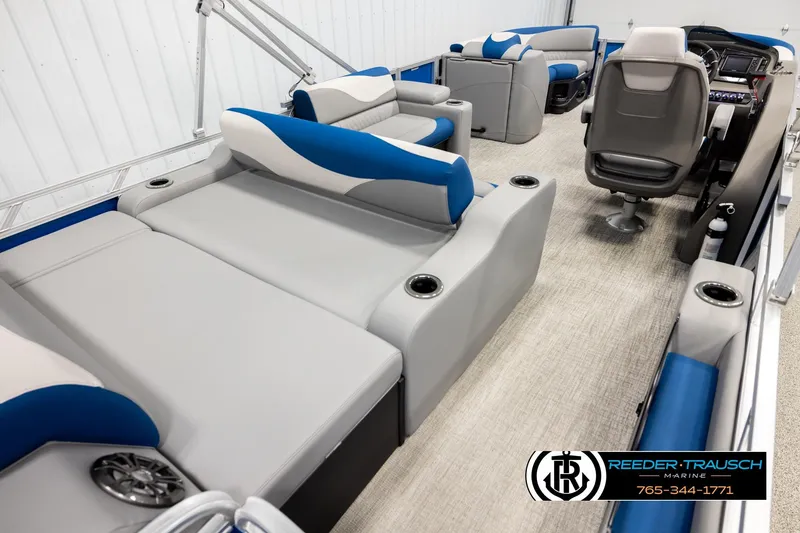 Slide: The Image of 2026 Avalon LSZ Vrl pontoon boat interior with gray and blue seating, modern design. - 12