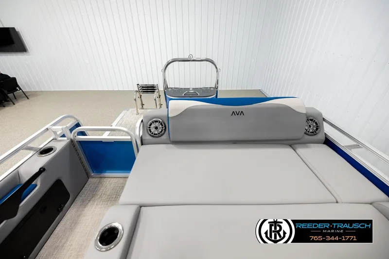 Slide: The Image of 2026 Avalon LSZ Vrl pontoon boat interior with gray seating and cup holders. - 15