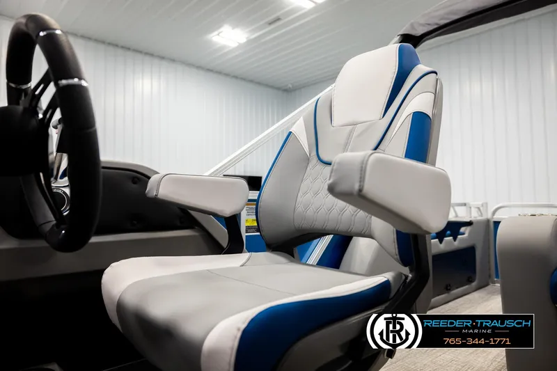 Slide: The Image of 2026 Avalon LSZ Vrl boat interior with modern white and blue seating. - 39