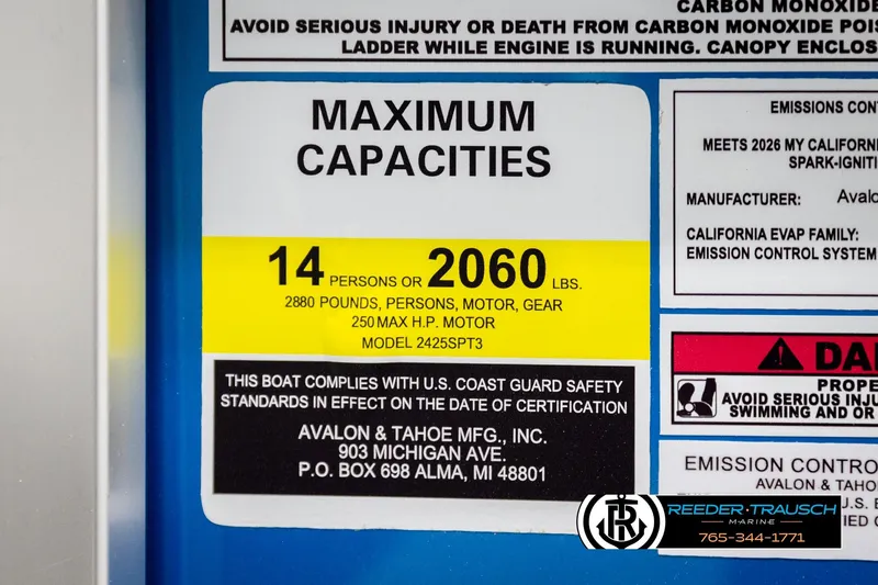 Slide: The Image of Capacity label for Avalon LSZ Vrl 2026, 14 persons or 2060 lbs, safety compliance. - 52