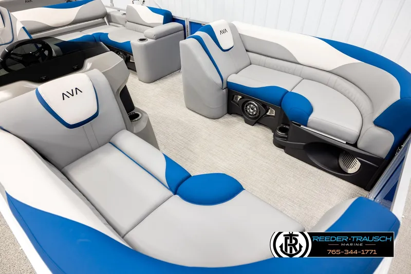 Slide: The Image of Luxurious 2026 Avalon LSZ Vrl boat interior with blue and gray seating. - 9