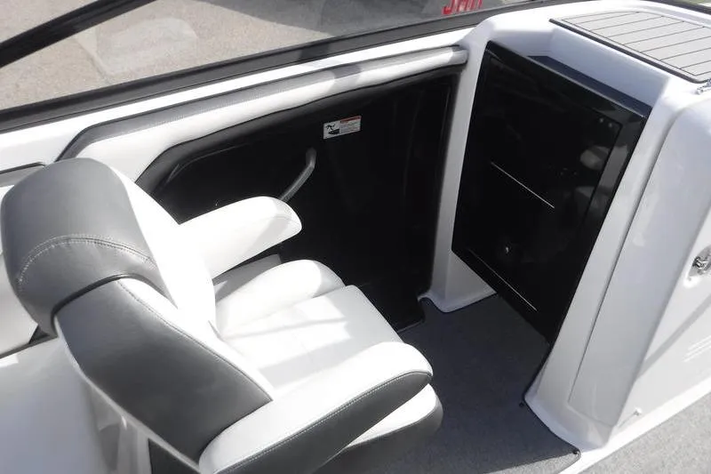 Slide: The Image of 2019 Yamaha AR240 boat interior with white and gray seating. - 5