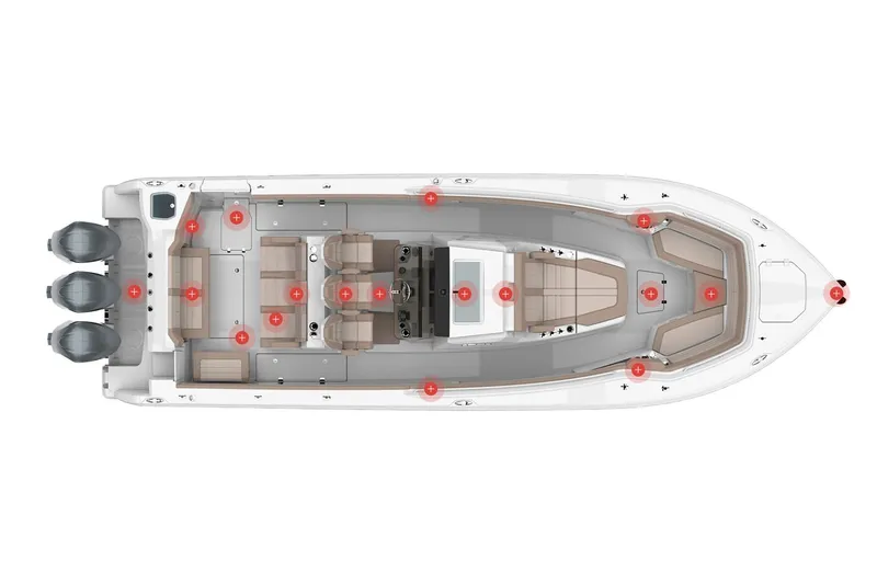 Slide: The Image of Manufacturer Provided Image: Top view of 2020 Sailfish 360 CC boat layout with triple outboard engines. - 52