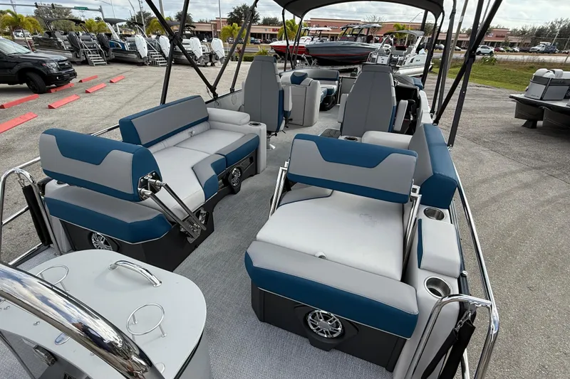 Slide: The Image of 2026 Avalon 2385 Catalina Quad Lounger, Tri Toon boat with spacious seating and modern design. - 11