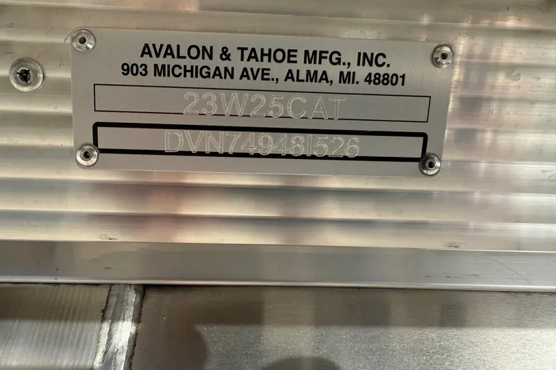 Slide: The Image of 2026 Avalon 2385 Catalina Quad Lounger, manufacturer plate, Avalon & Tahoe MFG, Alma, MI. - 27
