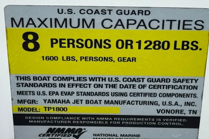 Slide: The Image of Yamaha Boats 195S 2021 capacity label: 8 persons or 1280 lbs, U.S. Coast Guard compliant. - 31