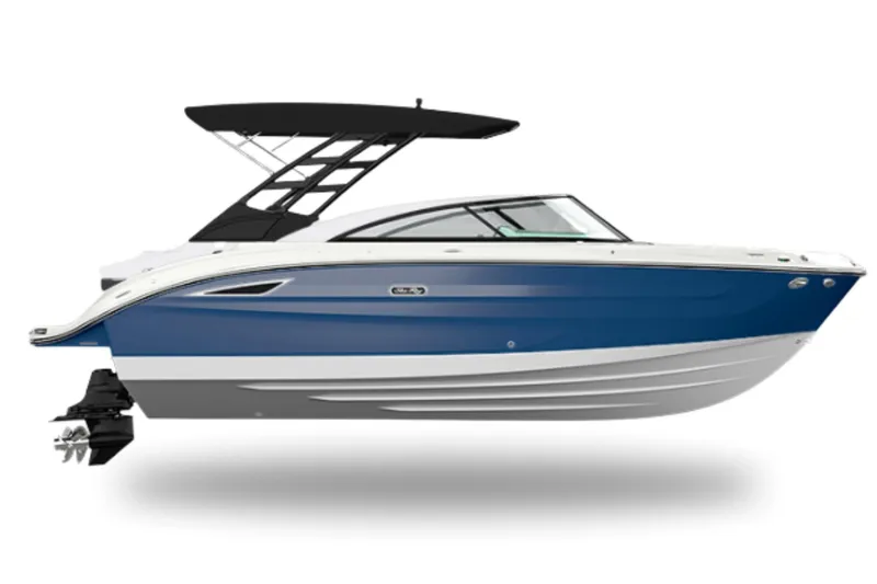 The Image of 2026 Sea Ray SDX 250 boat, blue and white, side view with black canopy. - 0