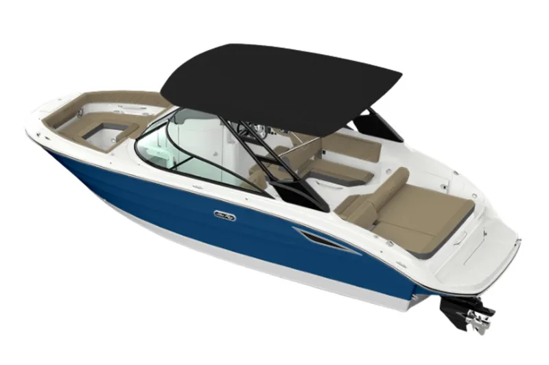Slide: The Image of 2026 Sea Ray SDX 250 boat with blue hull, black canopy, and spacious seating. - 2
