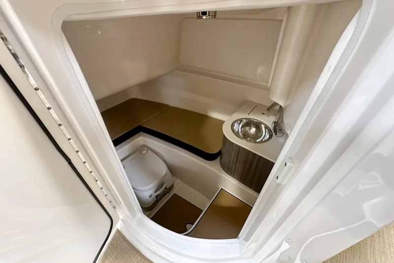 Slide: The Image of 2026 Sea Ray SDX 250 boat interior with compact bathroom, featuring a toilet and sink. - 12