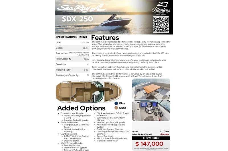 Slide: The Image of 2026 Sea Ray SDX 250 boat brochure highlighting features, specifications, and pricing details. - 32