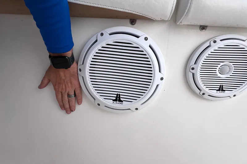 Slide: The Image of Hand near JL Audio speakers on 2003 Wellcraft 29 CCF boat. - 42