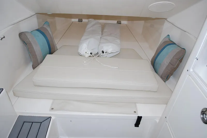 Slide: The Image of 2019 Cobia 344 Center Console cabin interior with cushions and pillows. - 13