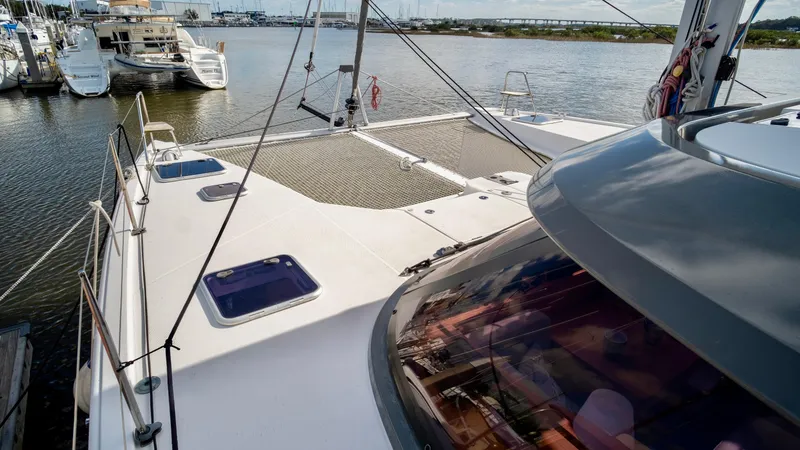 Slide: The Image of Nautitech 40 Open 2019 catamaran docked, front deck view. - 10