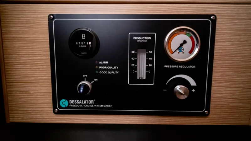 Slide: The Image of Dessalator water maker control panel on Nautitech 40 Open 2019. - 43